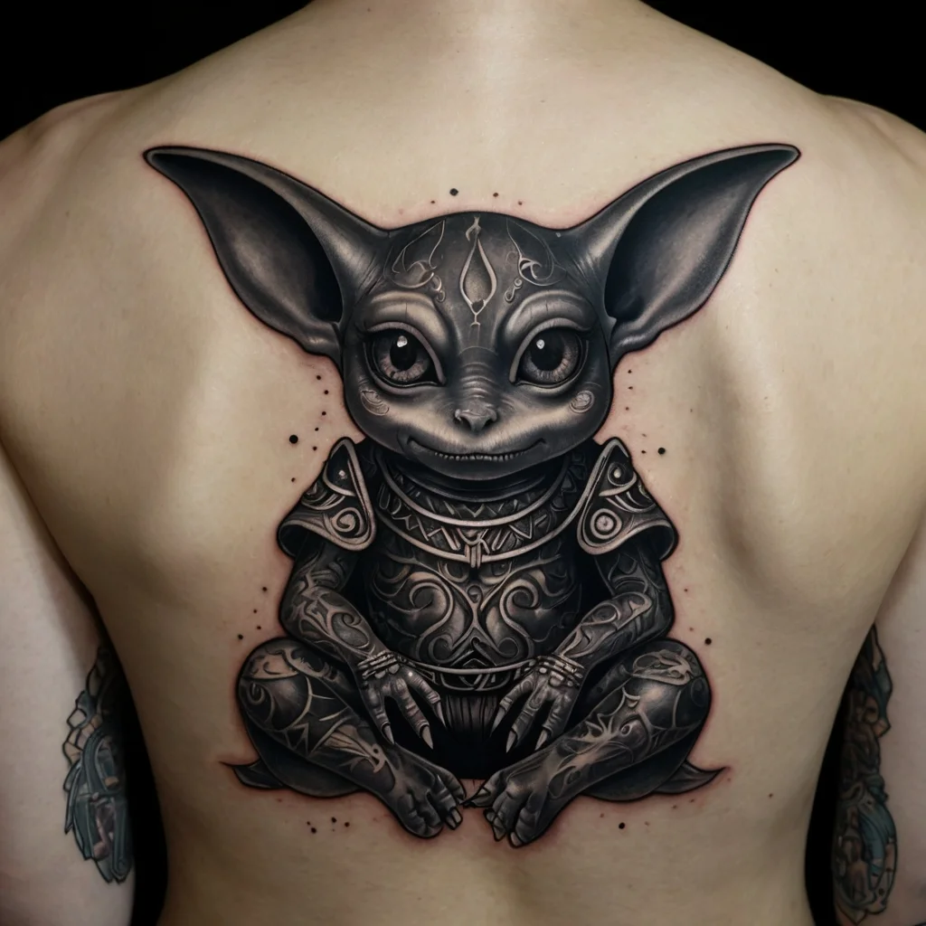 Tattoo of a mystical creature with large ears, detailed armor, and intricate patterns, centered on the upper back.