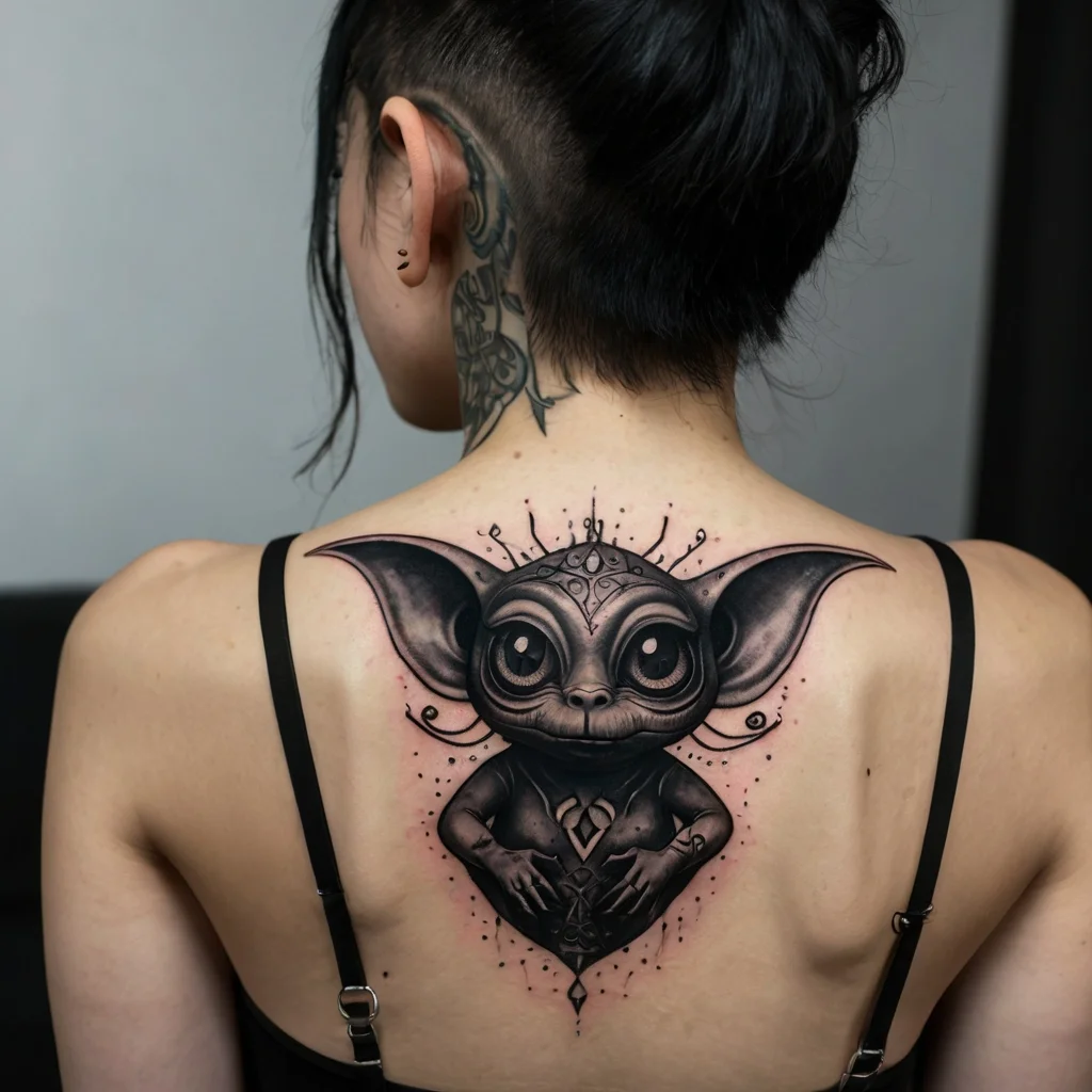 Tattoo of a whimsical creature with large ears and intricate details on its head, centered on the upper back.