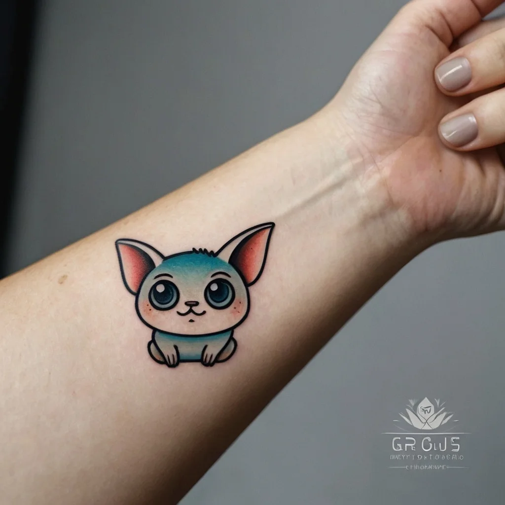 Cute cartoon cat tattoo with blue-green shading and large eyes, sitting with pink ears on an inner forearm.