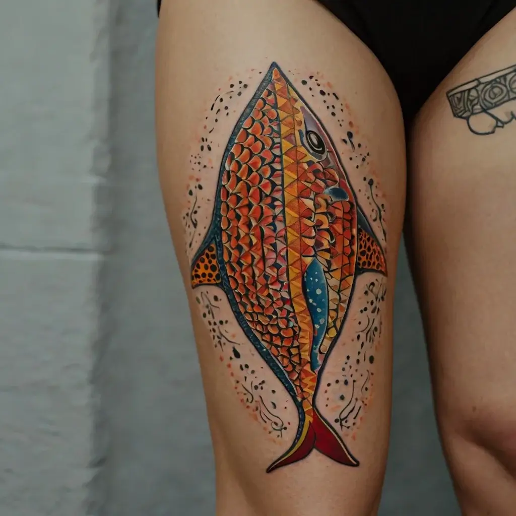 Tattoo of a geometric fish in orange, blue, and black tones on thigh, surrounded by abstract dot patterns.