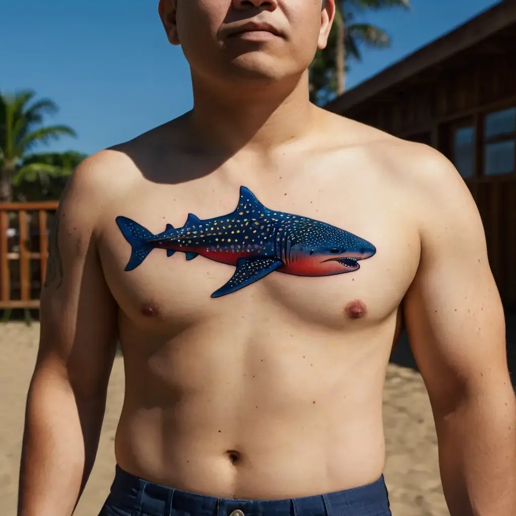 Tattoo of a vibrant whale shark with blue and red hues and yellow spots, perfectly centered on the chest.