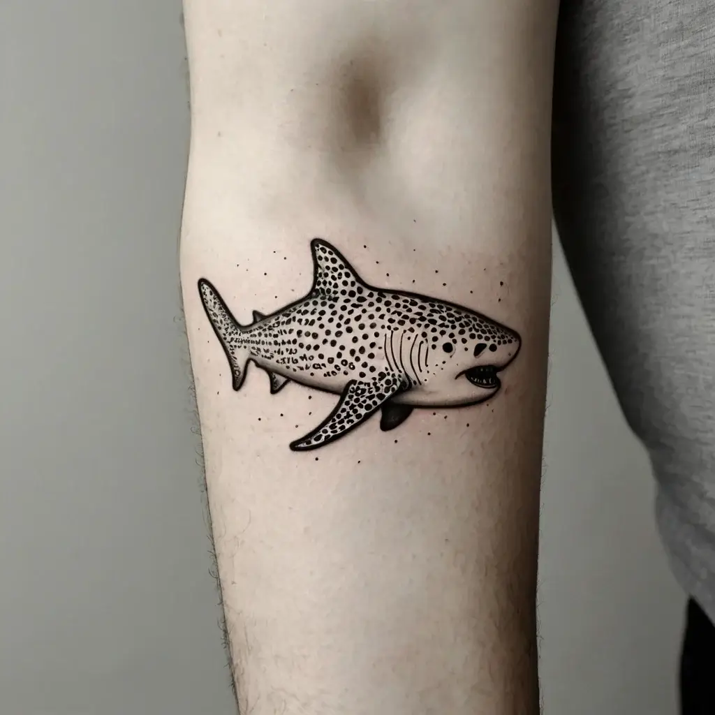 Bold black outline tattoo of a detailed shark with dot work pattern on forearm.