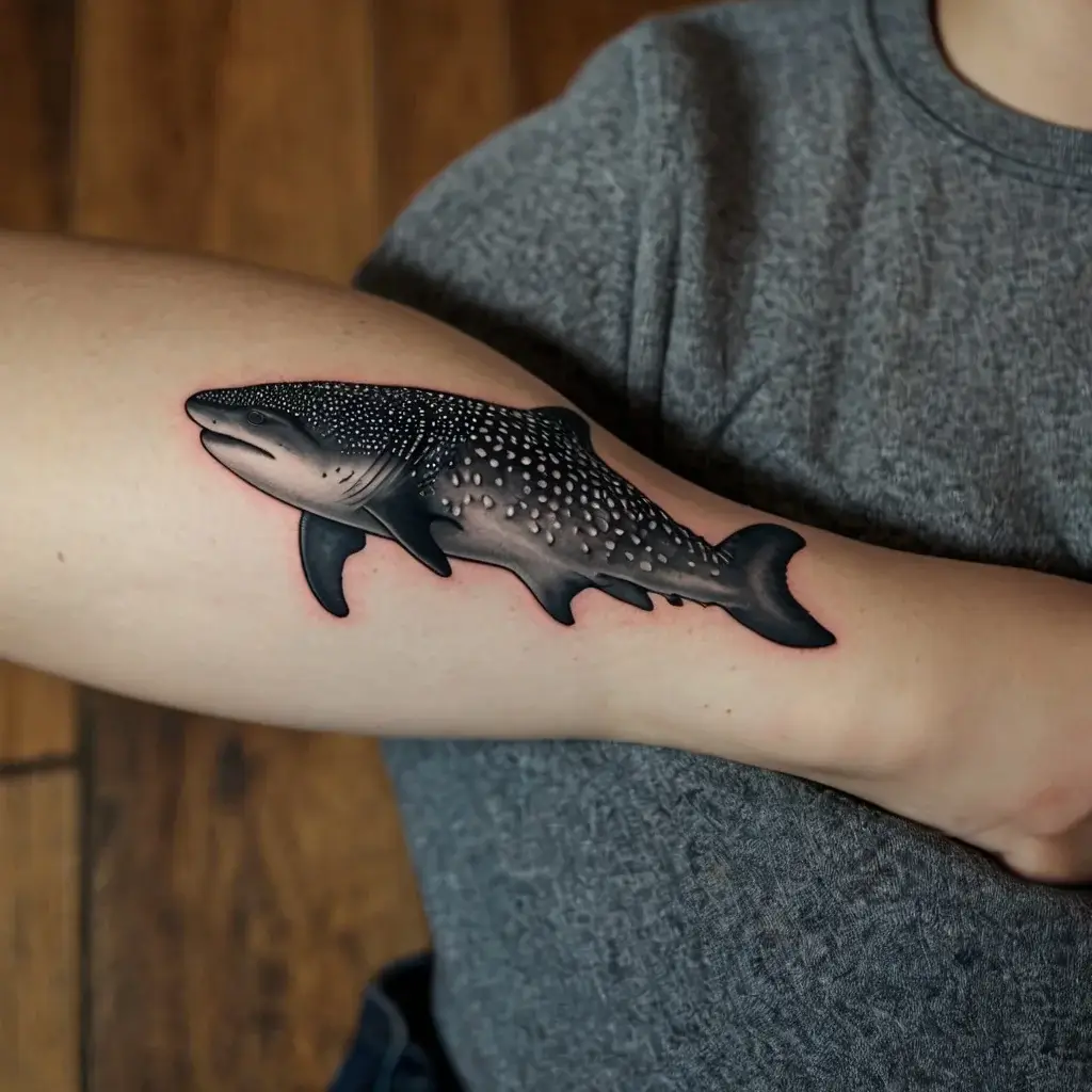 Realistic whale shark tattoo with detailed dot pattern, shaded in black and gray, on the inner forearm.