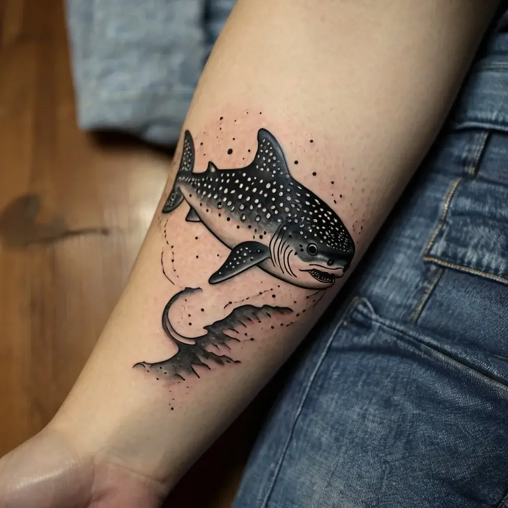 Tattoo of a whale shark with detailed dot work, showing it swimming amidst waves on the arm. Black and gray ink is used.