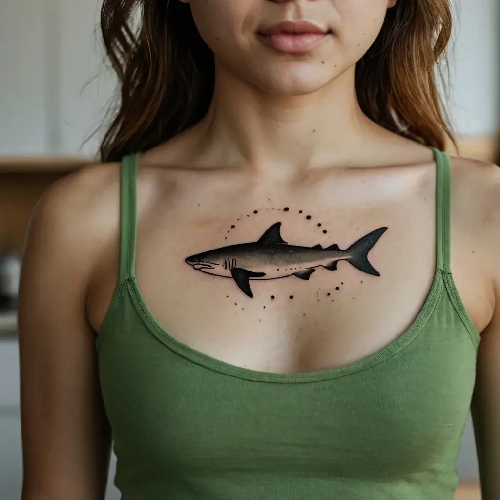 Chest tattoo of a realistic shark with a mix of gray and black shades, surrounded by small, dotted circles.