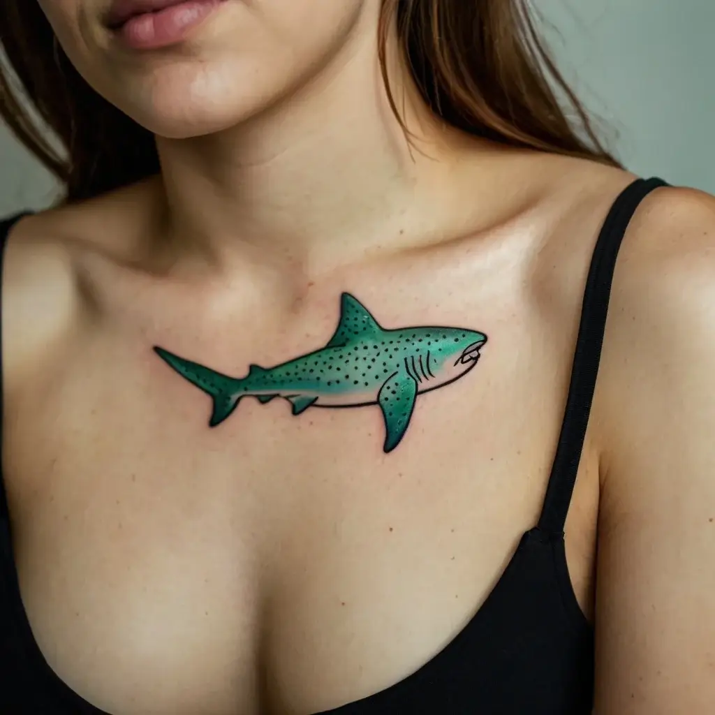 Colorful shark tattoo on the chest, featuring blue-green hues and black outlines for a bold and dynamic design.