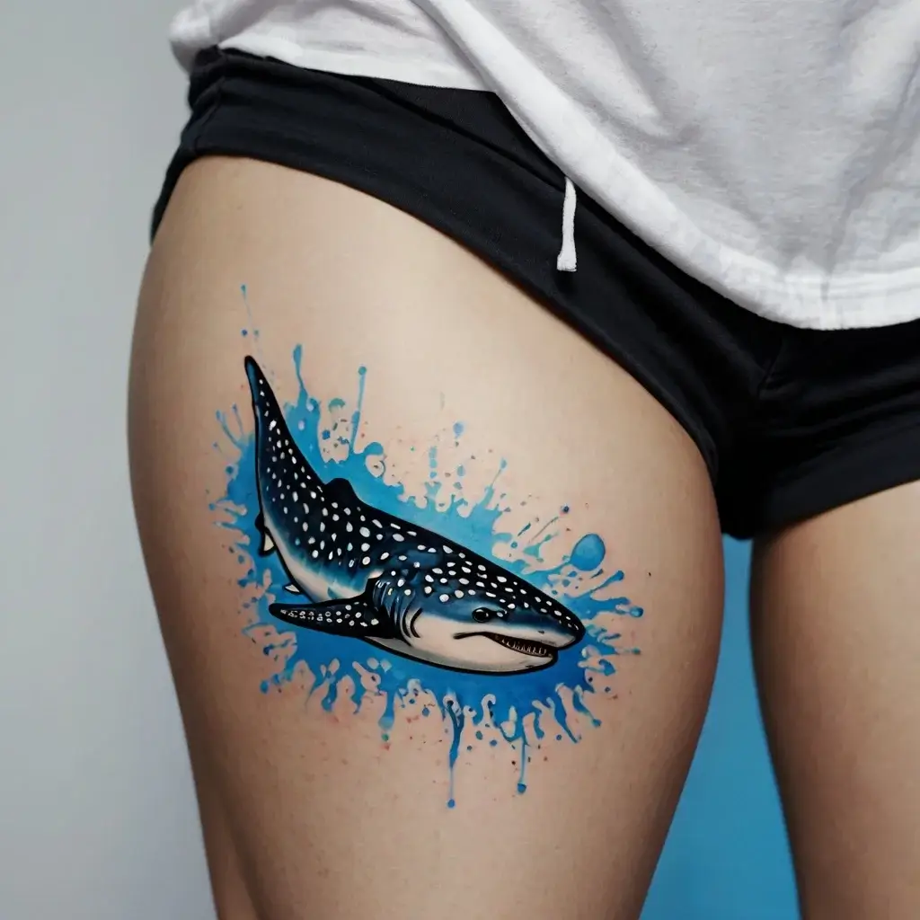 Tattoo of a realistic whale shark with splashes of vibrant blue, creating a dynamic, ocean-inspired thigh design.