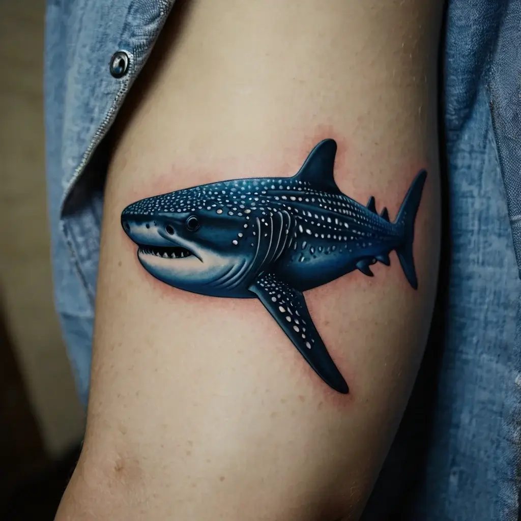 Realistic whale shark tattoo with vibrant blue tones, detailed spots, and white accents, creating a dynamic aquatic look.