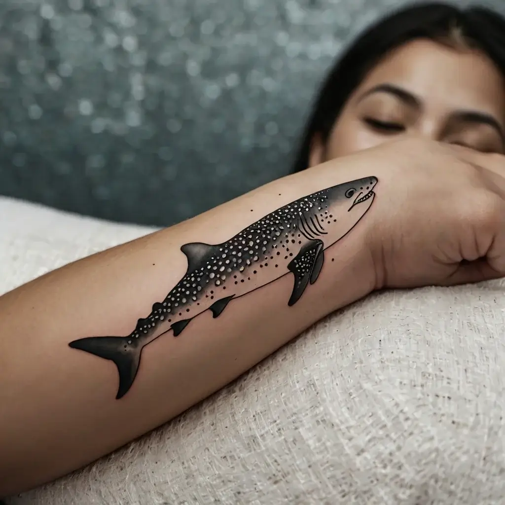 Tattoo of a whale shark on a forearm, featuring detailed shading and dot patterns for a realistic aquatic design.