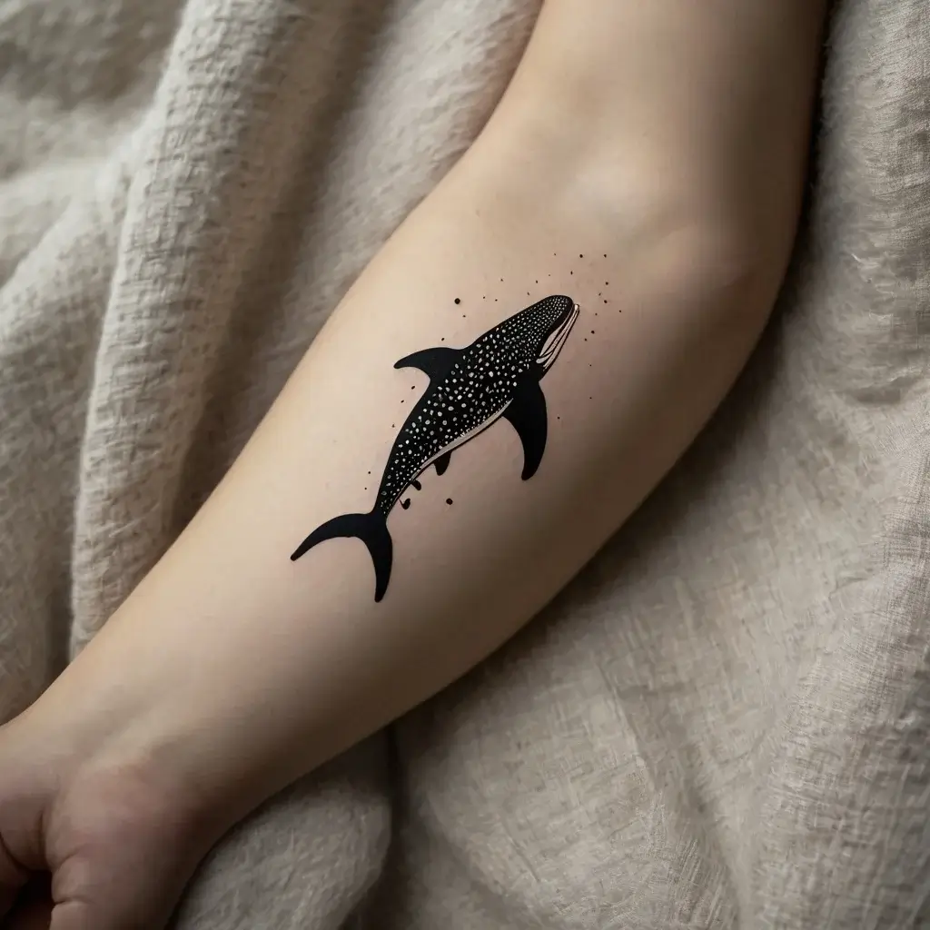 Tattoo of a stylized whale shark with dotted patterns and small surrounding bubbles on the forearm.