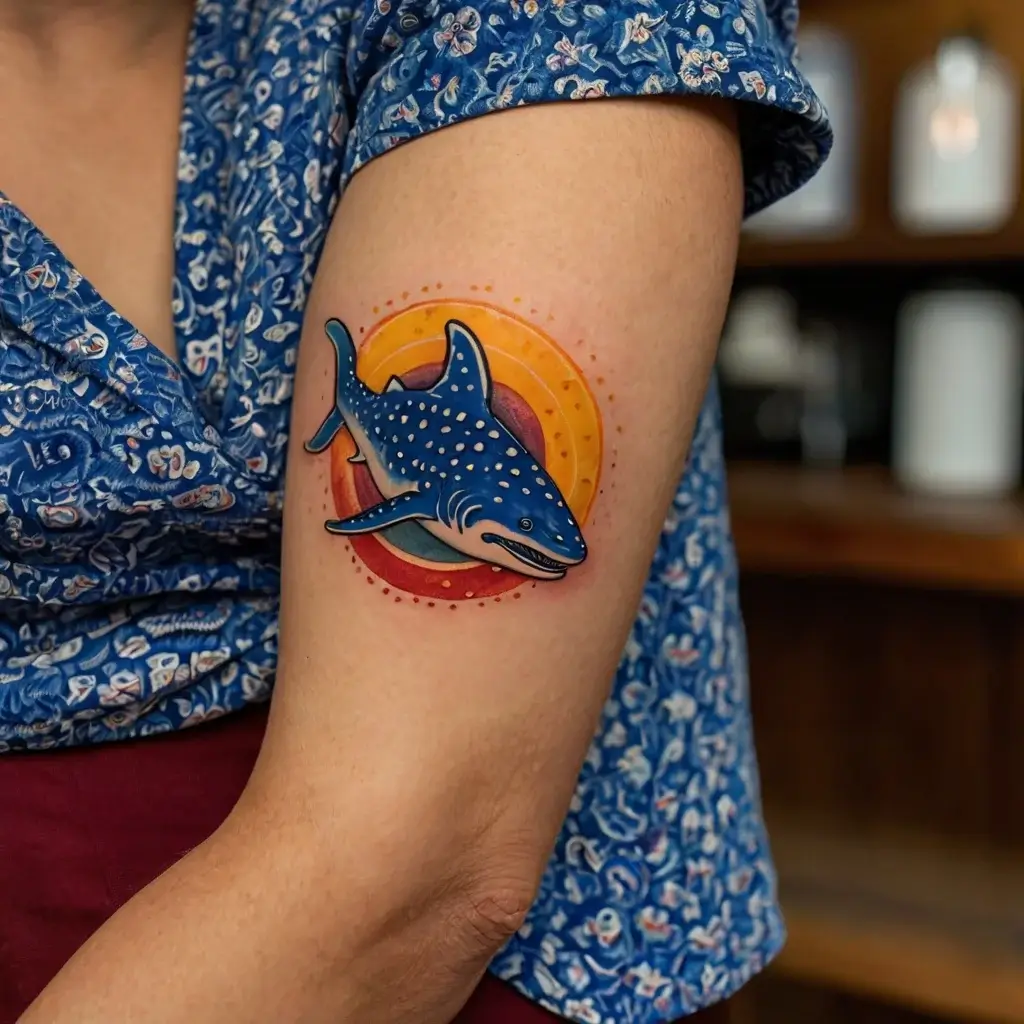 Tattoo of a vibrant blue whale shark with white spots, swimming through colorful concentric circles in a retro style.