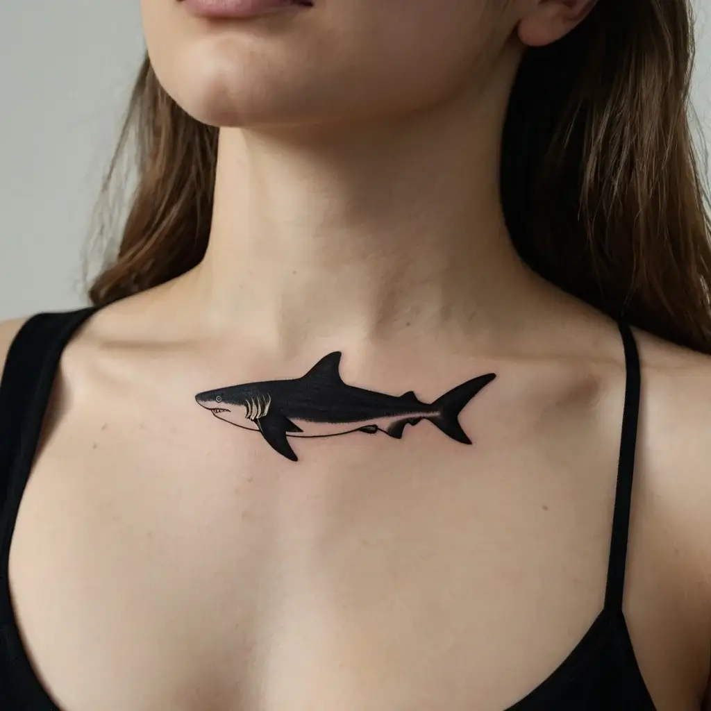 Tattoo of a black shark on the collarbone, detailed with subtle shading and bold lines, symbolizing power and freedom.