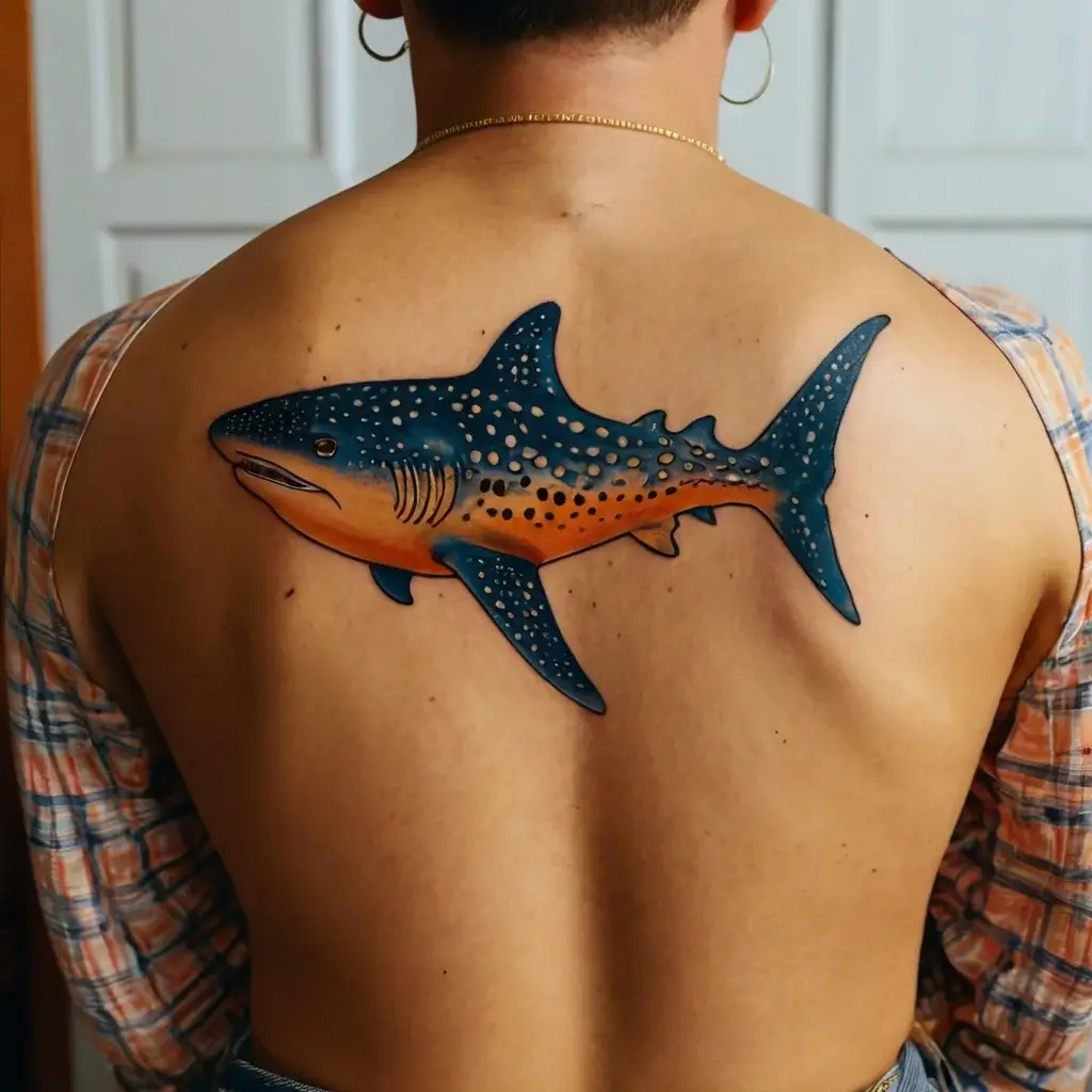 Colorful whale shark tattoo on back, detailed in blue and orange with intricate dot patterns, showcasing oceanic beauty.