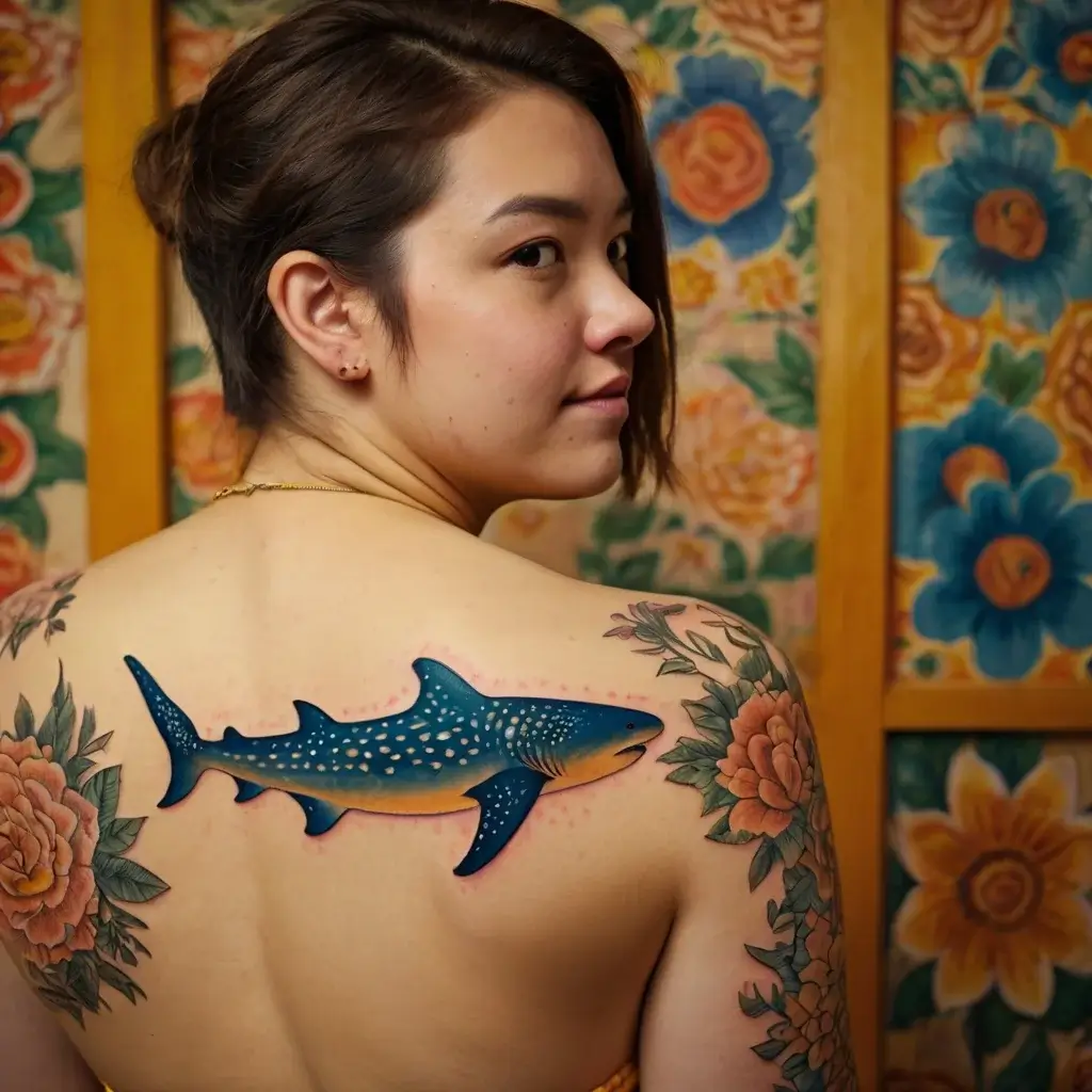 Tattoo of a vibrant whale shark on the shoulder, surrounded by colorful floral designs, blending marine and botanical themes.