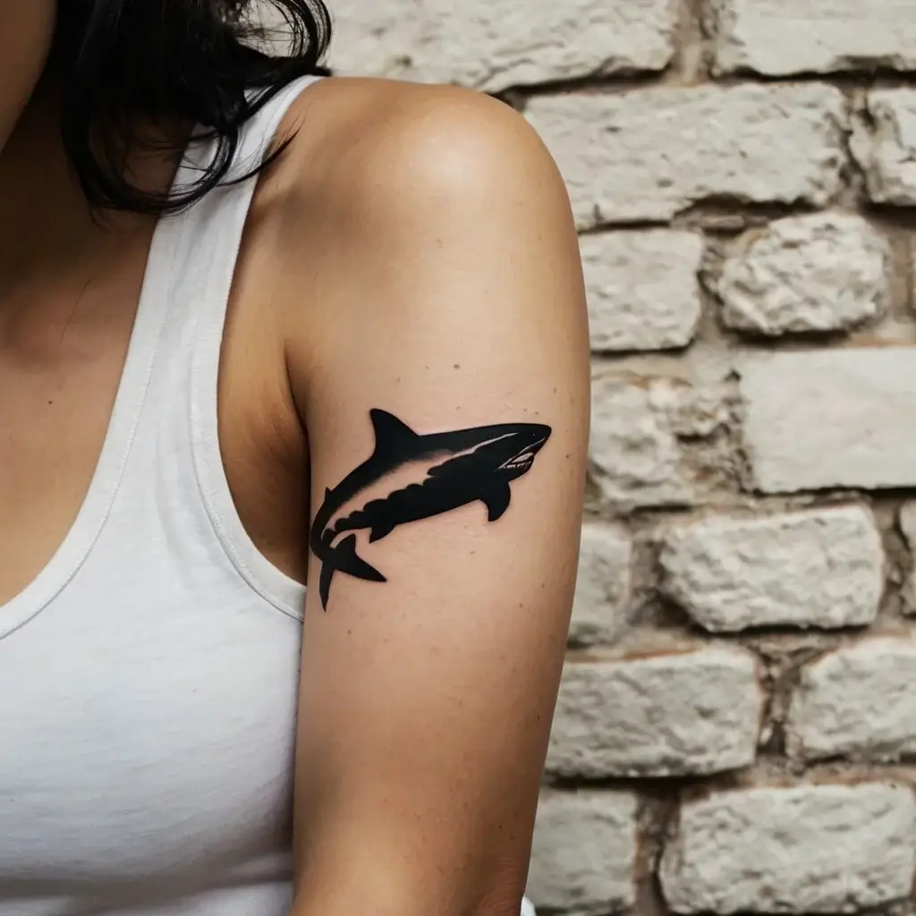 Bold black shark silhouette tattoo on upper arm, symbolizing strength and power.