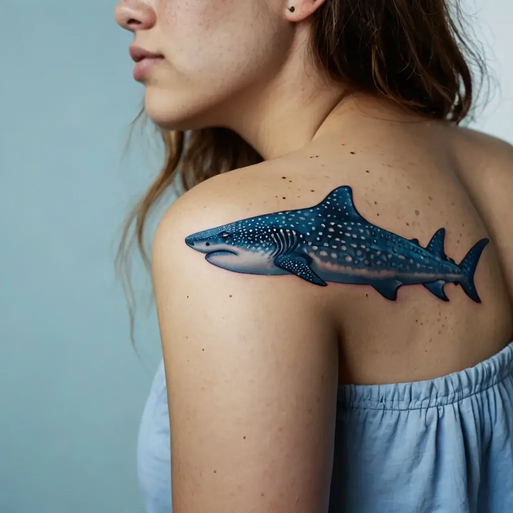 Detailed whale shark tattoo on shoulder, featuring blue hues and white spots in a lifelike, three-dimensional style.