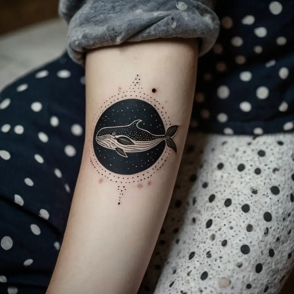 Tattoo of a whale in a black circle with dot details, symbolizing ocean connection and cosmic harmony.