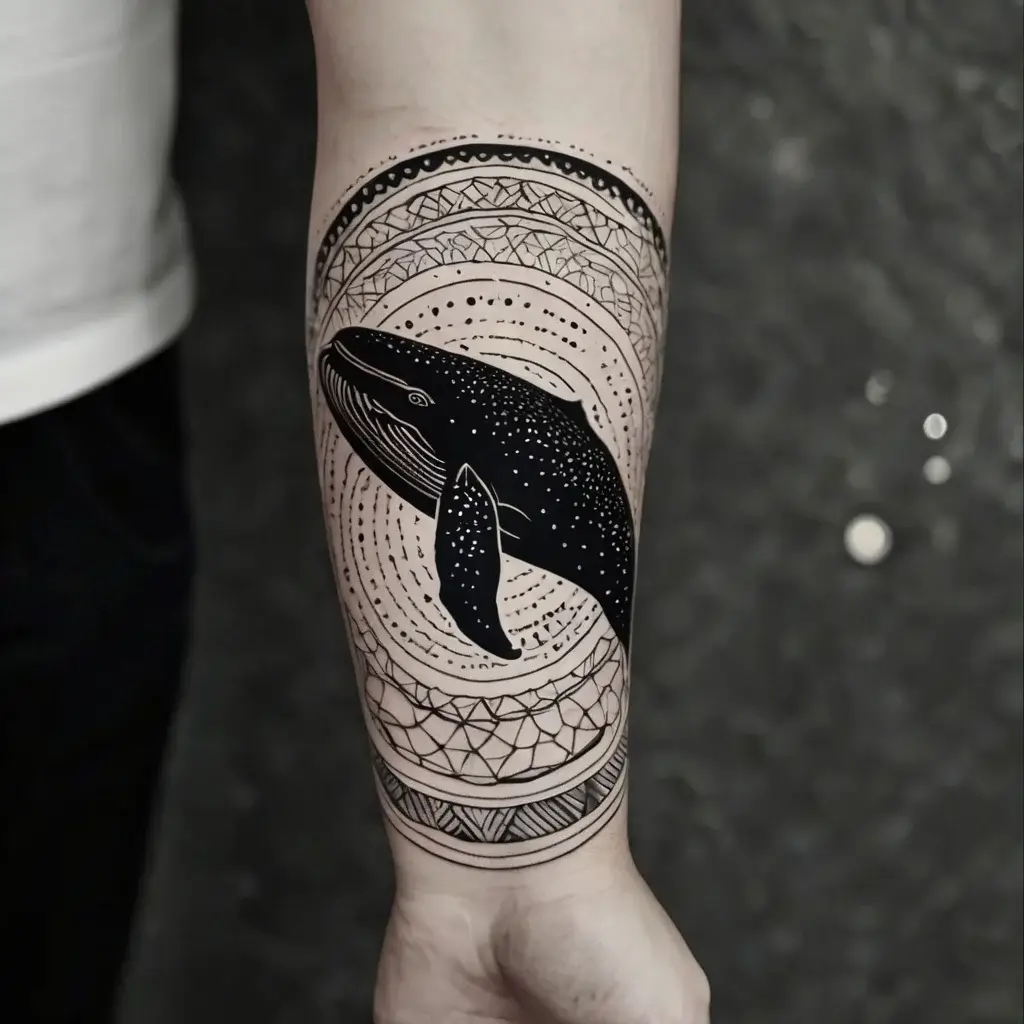 Black whale tattoo with intricate geometric patterns and dotwork, depicting a sense of harmony and oceanic freedom.