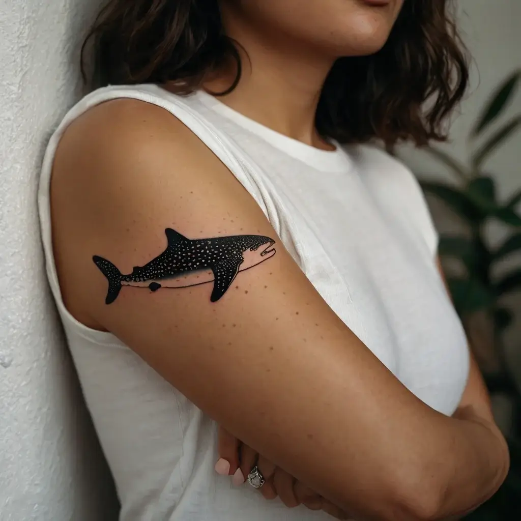 Tattoo of a dotted whale shark on an upper arm, showcasing intricate details and capturing the oceanic essence.