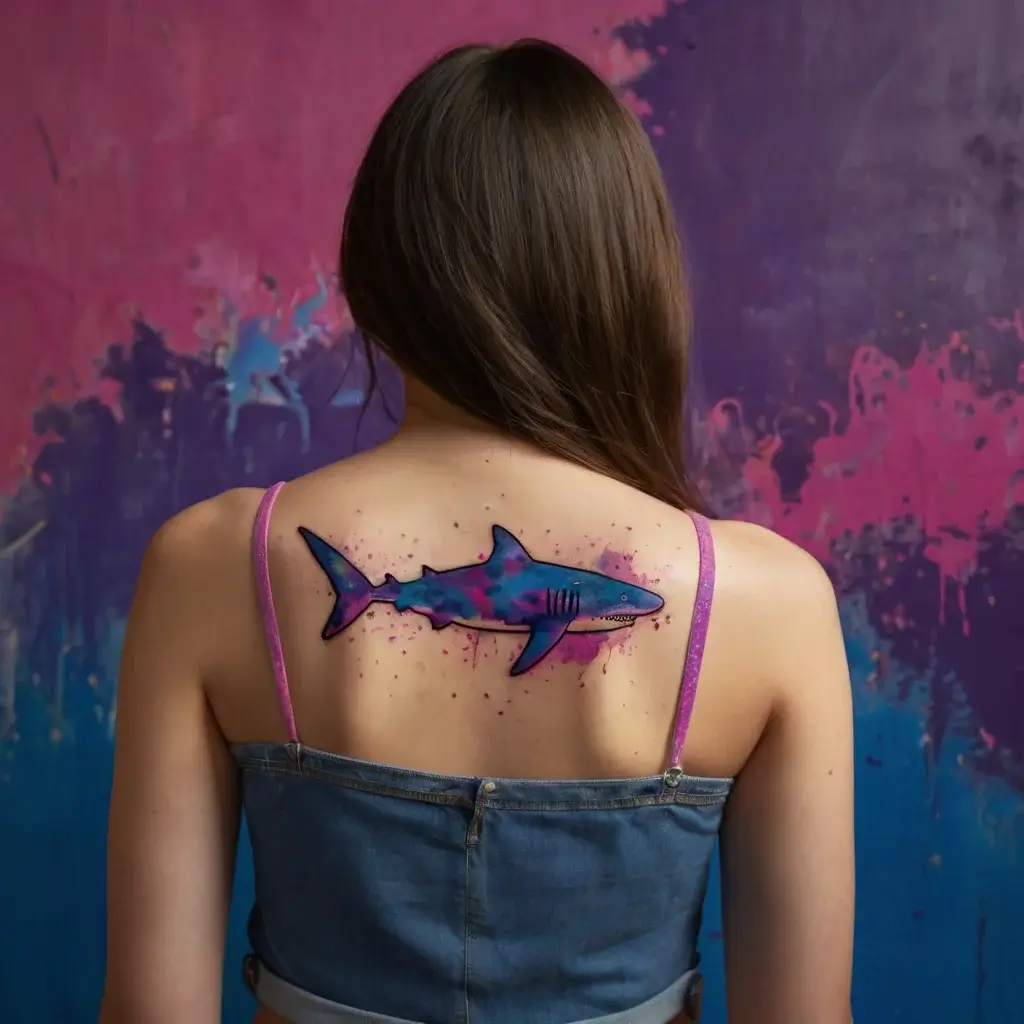 Watercolor shark tattoo in vivid blues and purples on the upper back, blending artfully with a splash background.