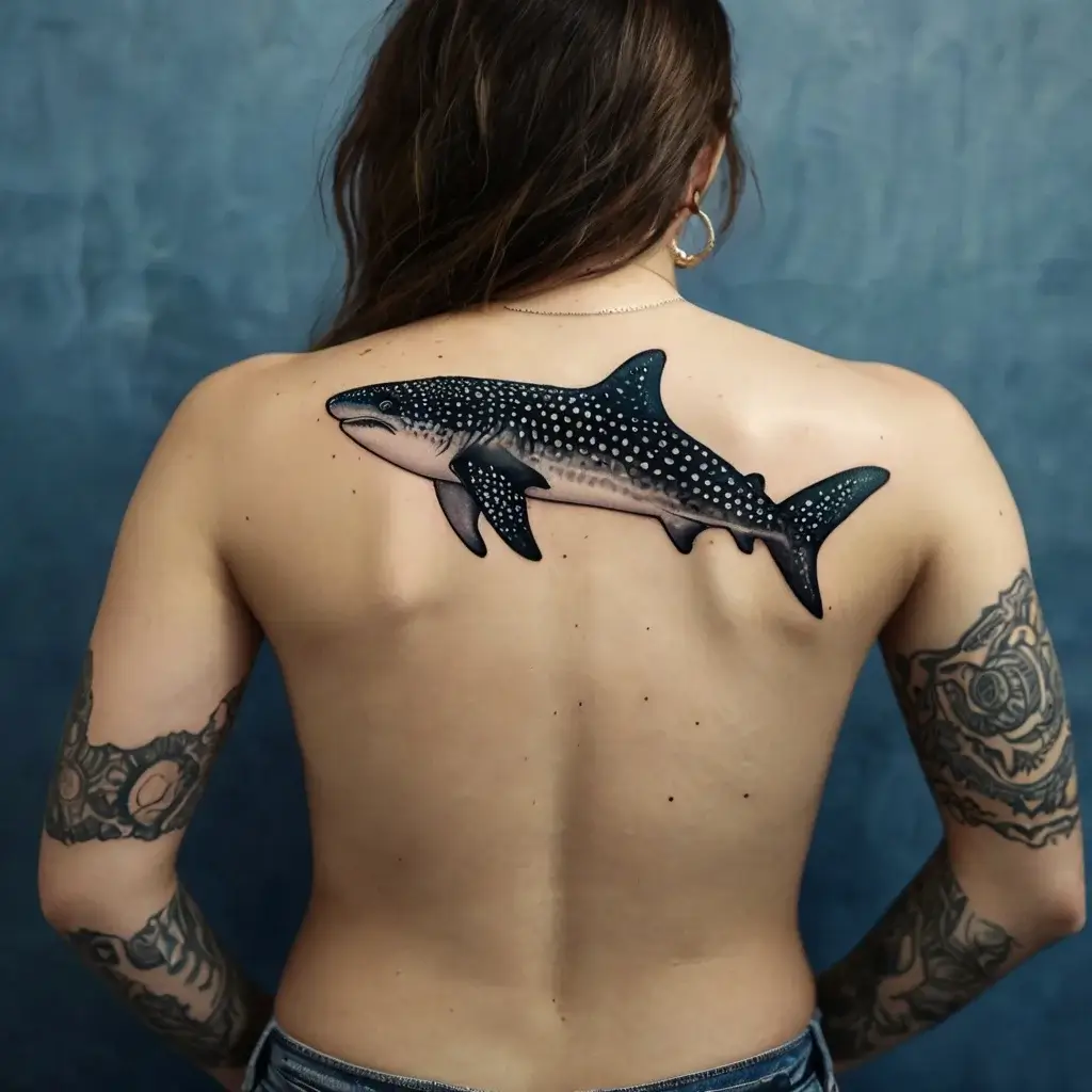 Tattoo of a realistic whale shark with detailed spots, spanning the upper back, symbolizing grace and power.