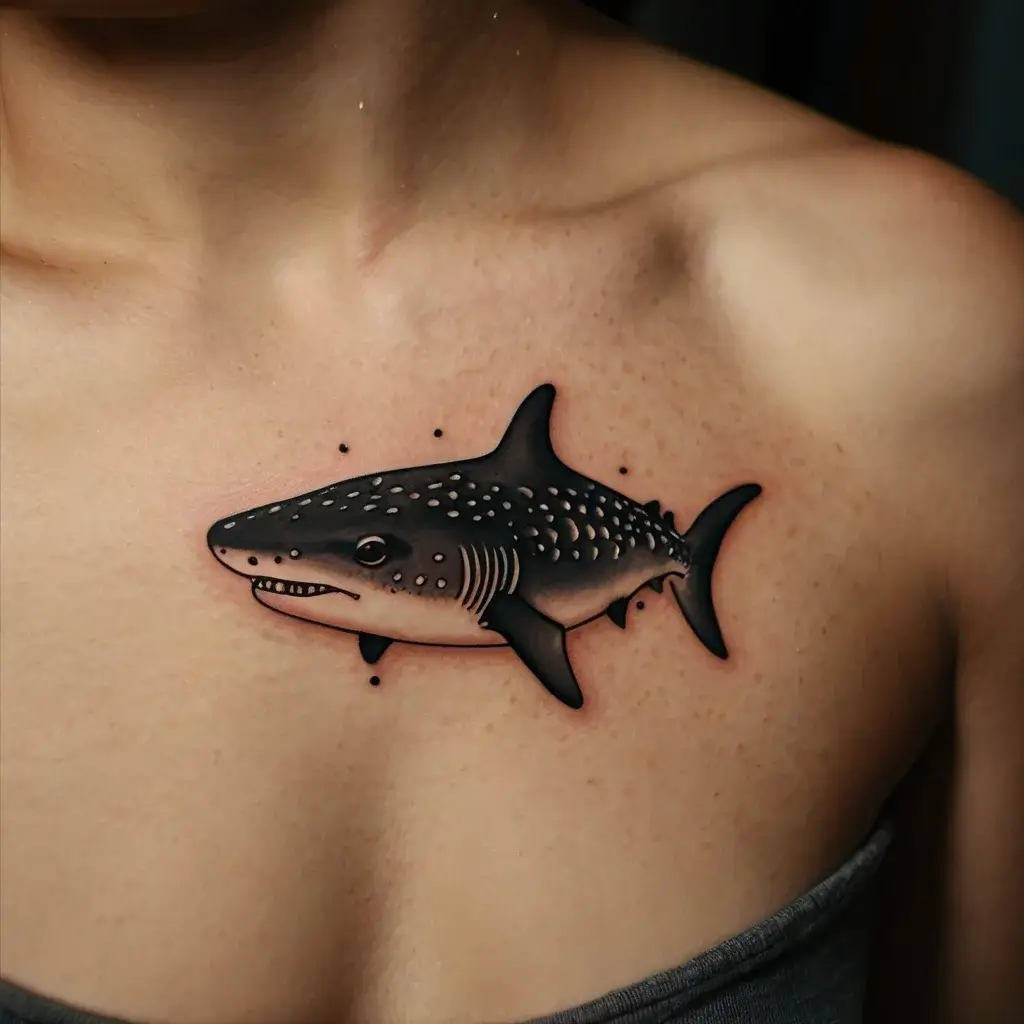 A realistic black and grey shark tattoo on the upper chest, featuring dot and line details around the creature.