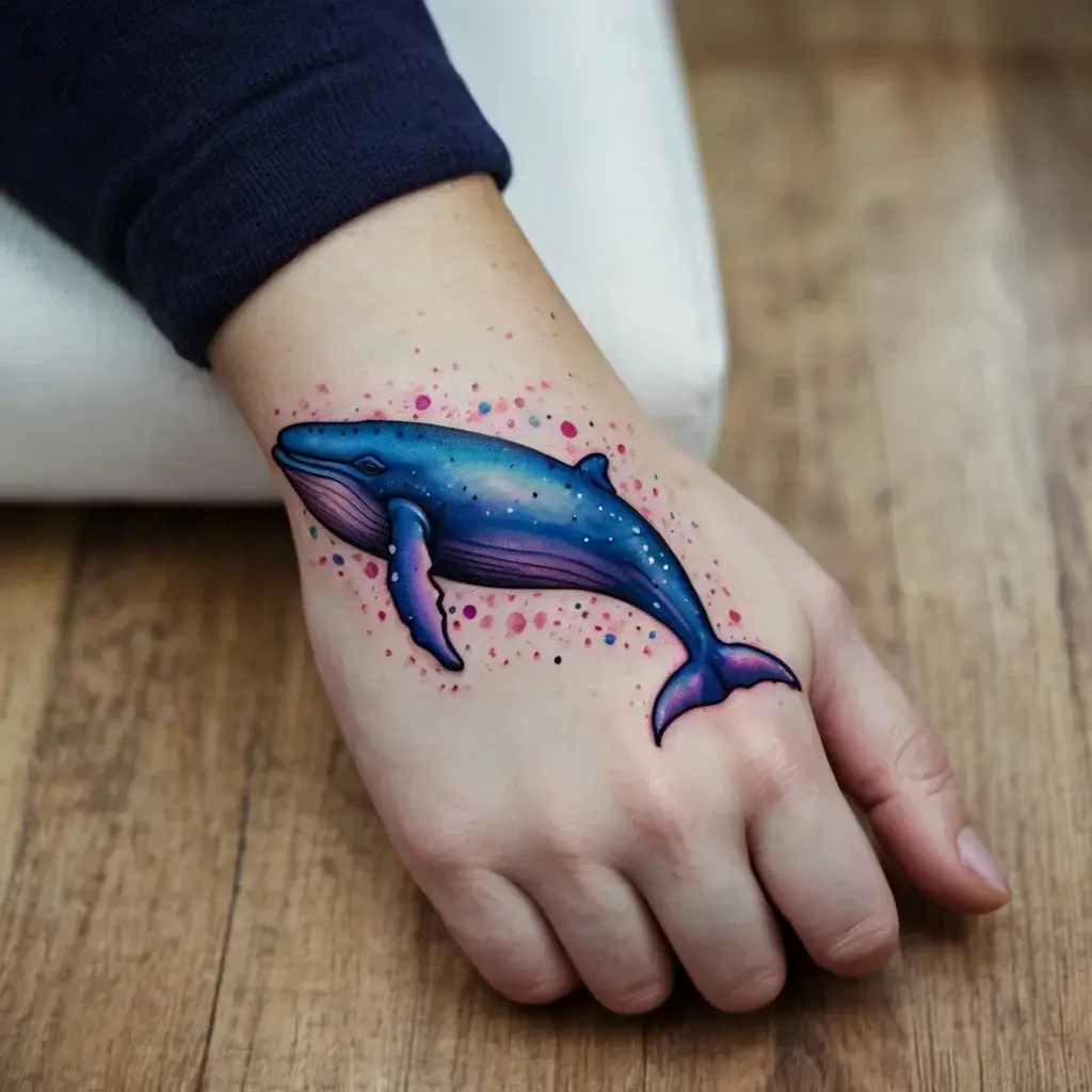 Vibrant watercolor tattoo of a blue and purple whale on the hand, surrounded by pink and purple splashes.