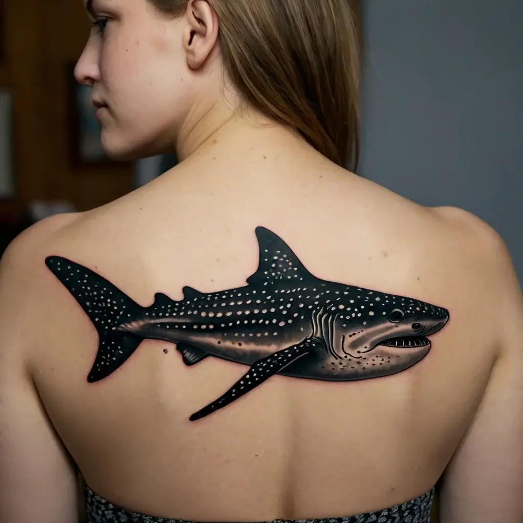 Tattoo of a detailed whale shark on the back, showcasing intricate dot work and realistic shading for a lifelike appearance.