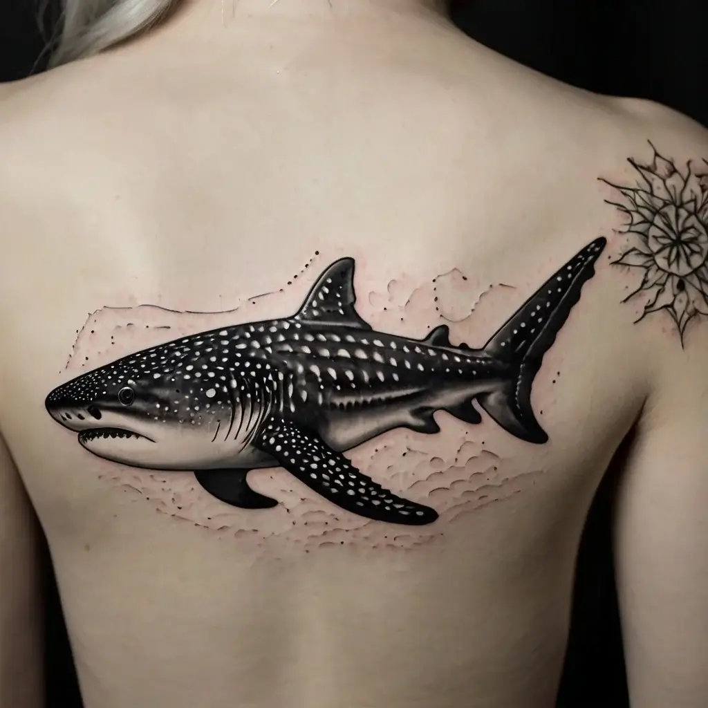 Realistic whale shark tattoo in black and gray on back, surrounded by soft water splash effect, symbolizes strength and depth.