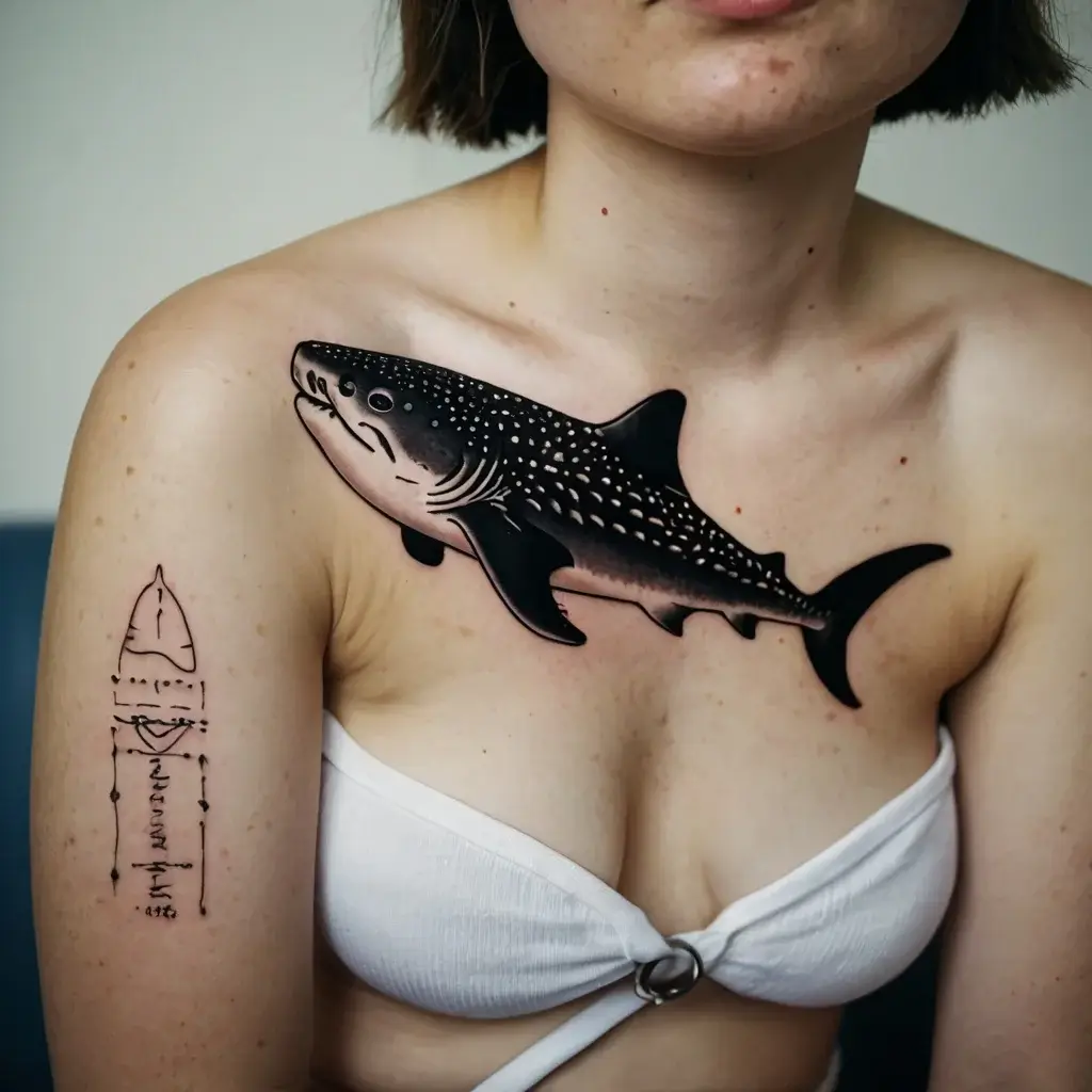 Realistic whale shark tattoo on the shoulder, featuring detailed shading and spot patterns, with line art on the arm.