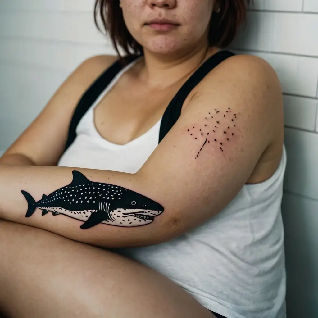 Whale shark tattoo in bold black and white on the forearm, with a minimalist dotted constellation on the upper arm.