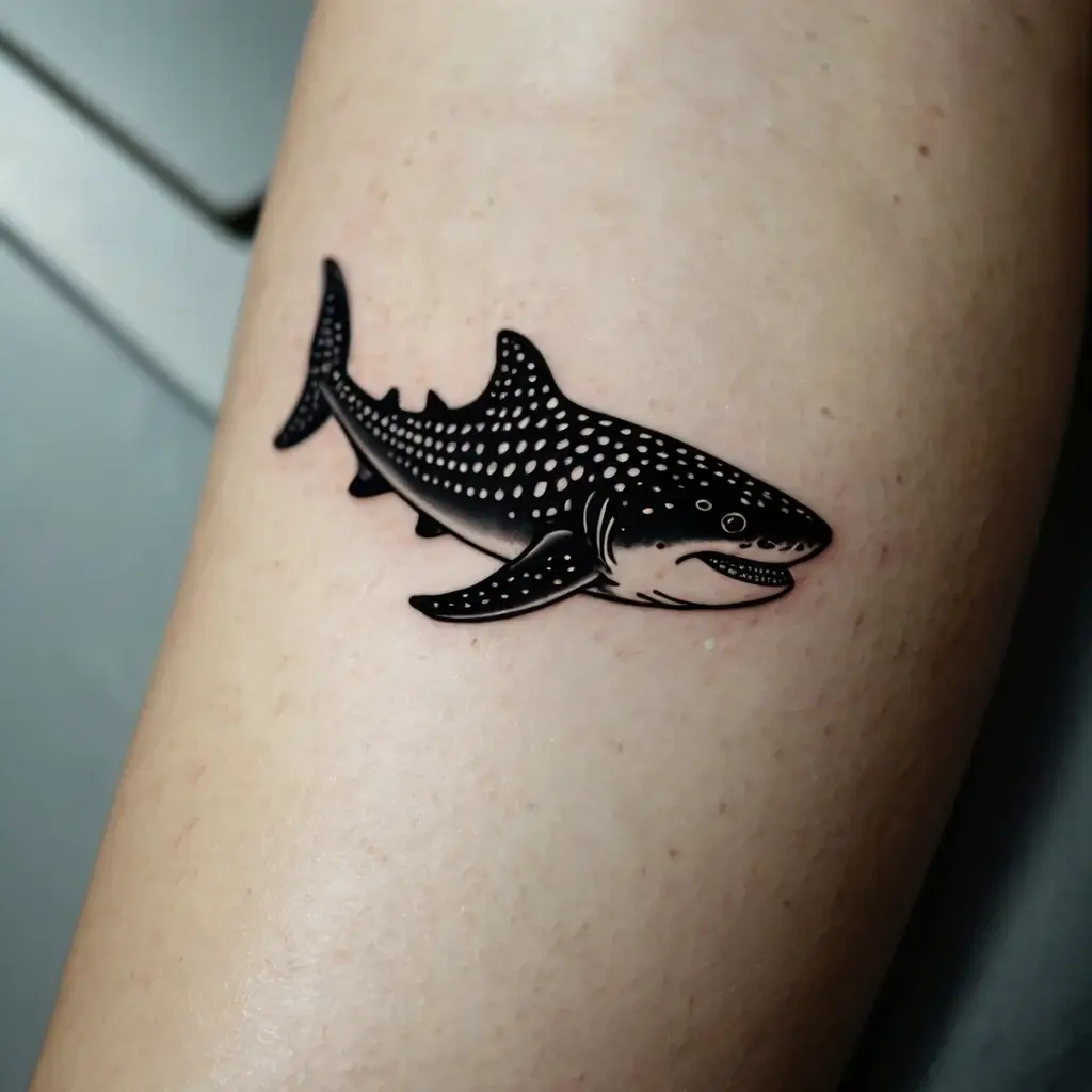 A small blackwork whale shark tattoo with white dot details, capturing the majestic sea creature's essence.