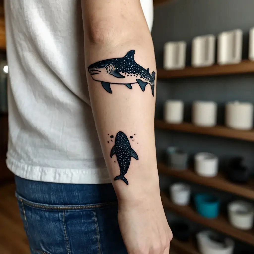 Tattoo of two stylized sharks, one streamlined and detailed, the other minimalistic, both with dot accents on the forearm.