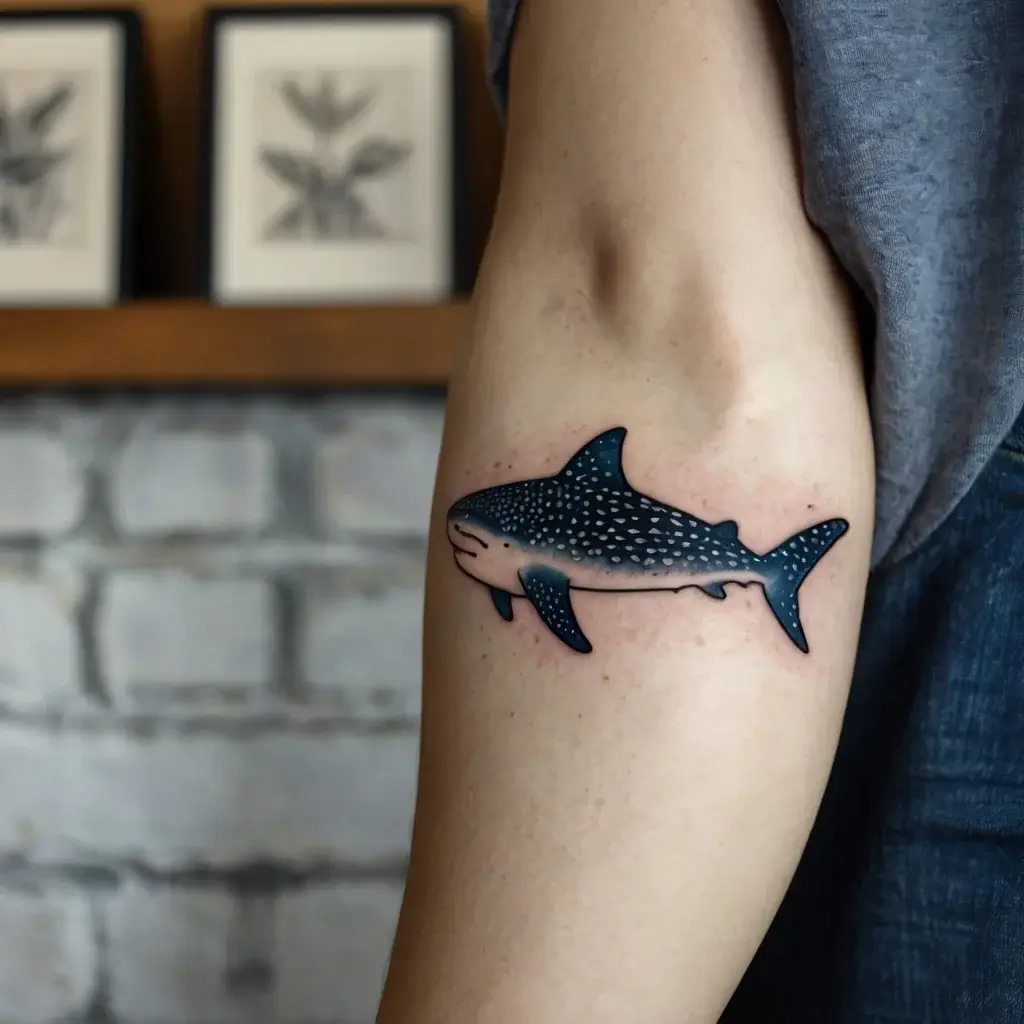 Tattoo of a stylized whale shark with detailed spots and shading on the arm, capturing its gentle nature.