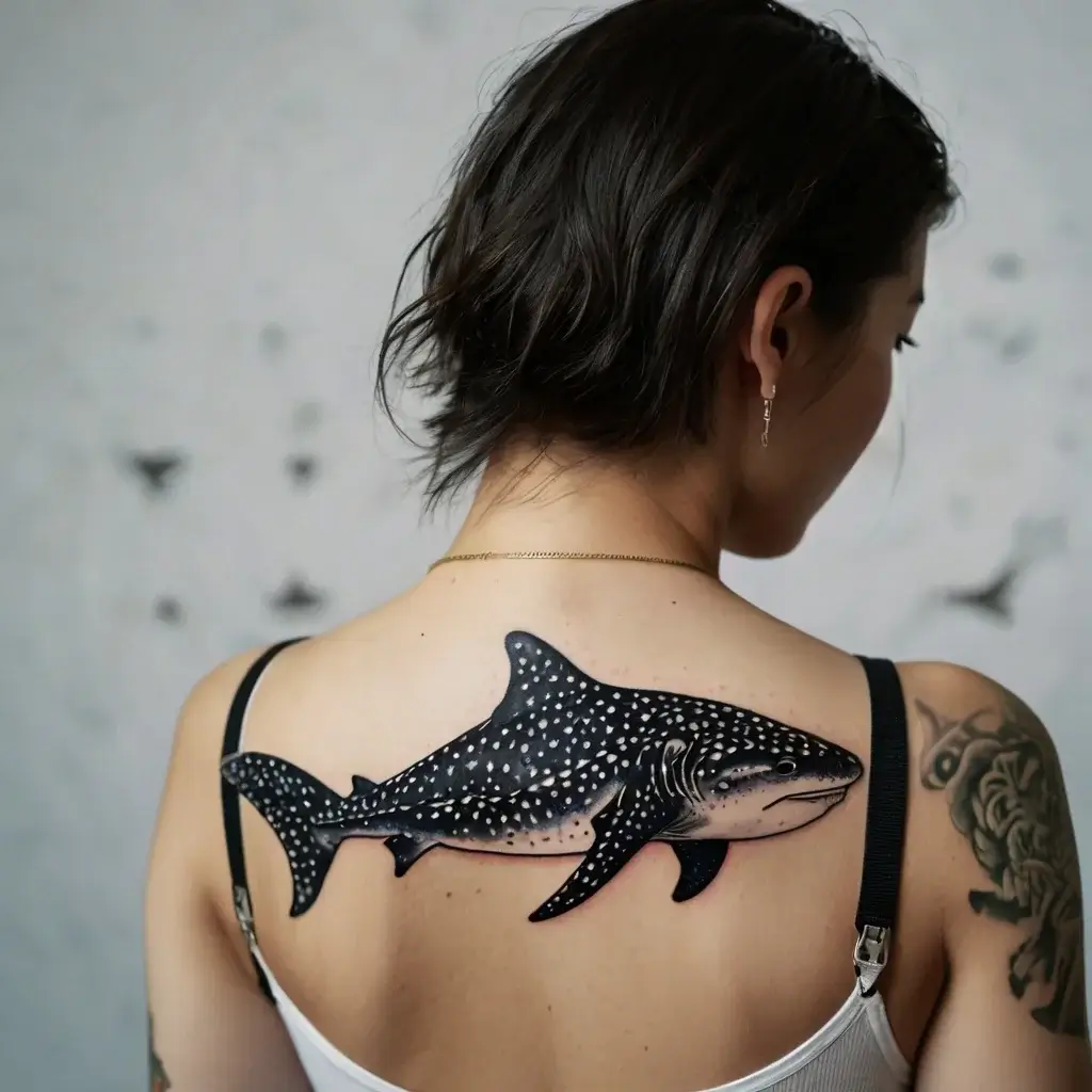 Tattoo of a detailed whale shark with white spots, elegantly spread across the upper back for a realistic marine effect.