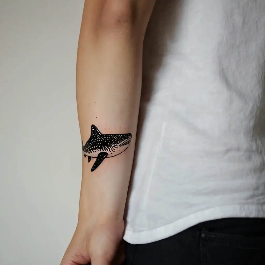 Tattoo of a detailed black and white whale shark on the forearm, featuring intricate dotwork patterning.