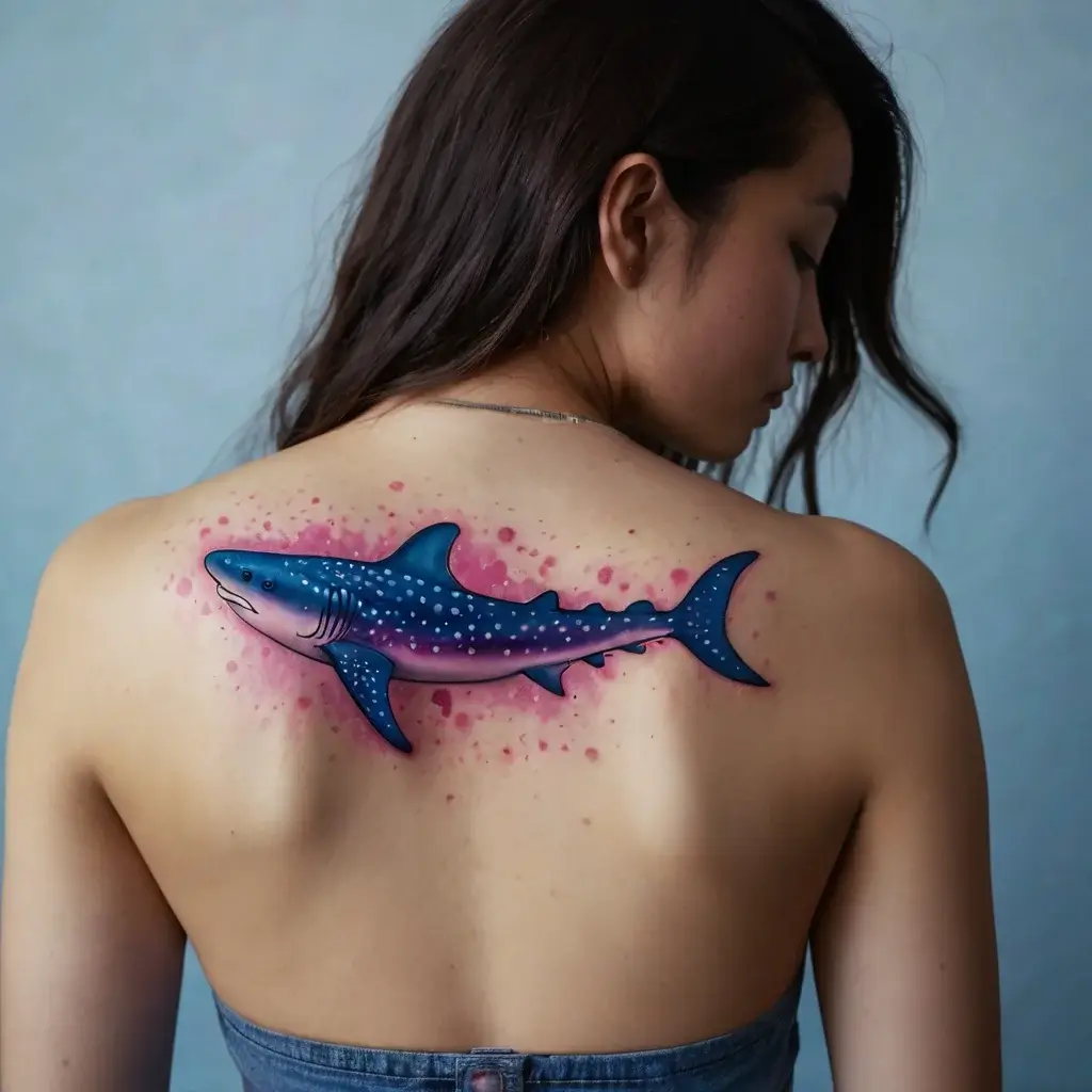 Colorful whale shark tattoo on the back, with splashes of pink and blue, capturing movement and vibrant marine life.