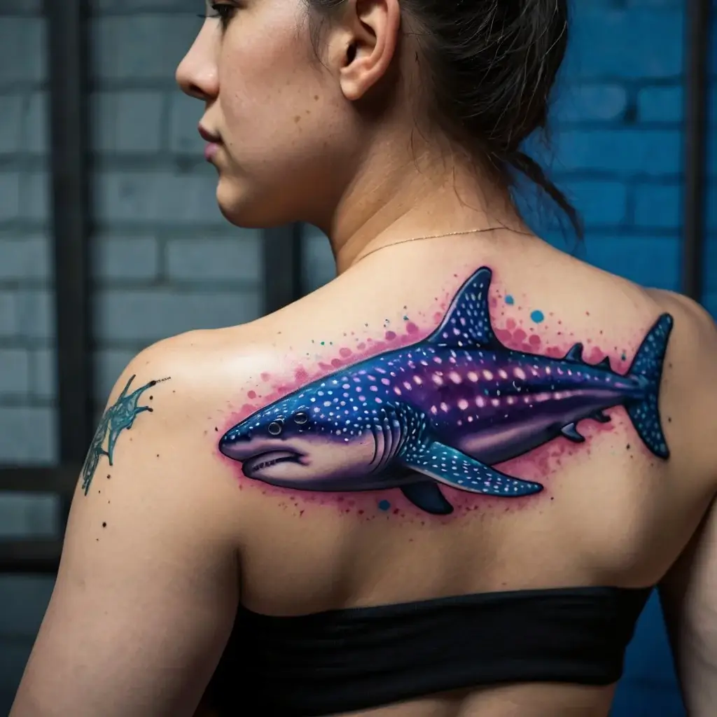 Vibrant whale shark tattoo on shoulder, featuring purple-blue hues and white spots, with watercolor splashes surrounding it.