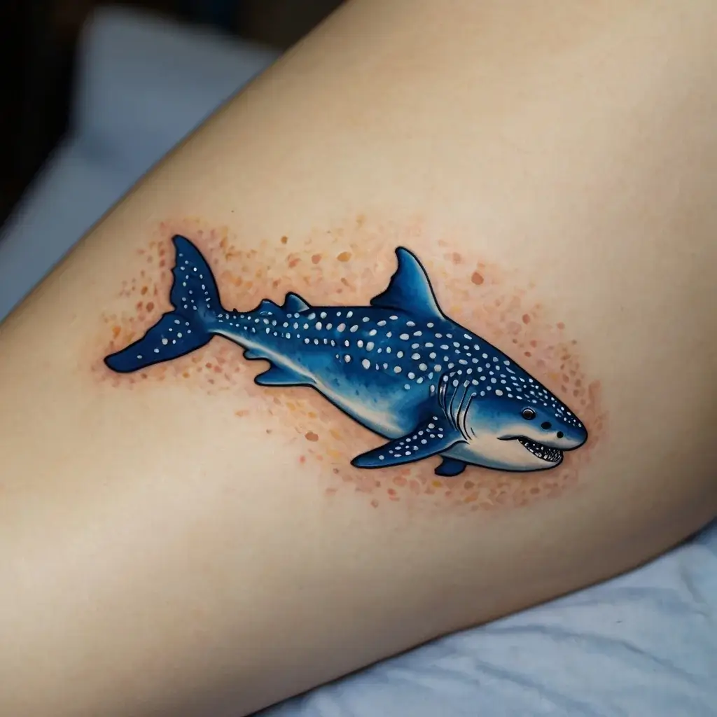 Tattoo of a blue whale shark with spotted skin, swimming over textured beige background, showcasing vibrant oceanic details.