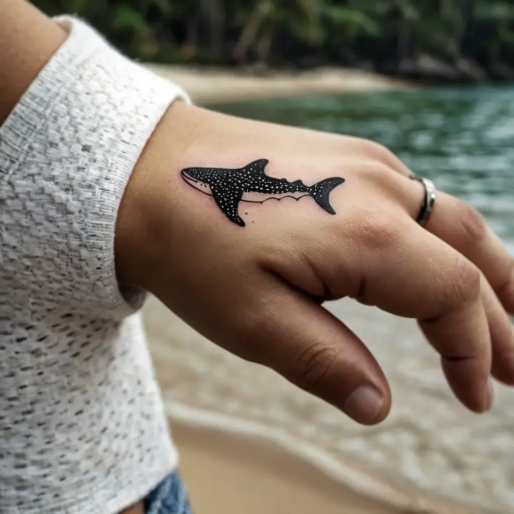 Tattoo of a stylized whale shark on the hand, featuring dotwork details and a sleek, minimalist silhouette.