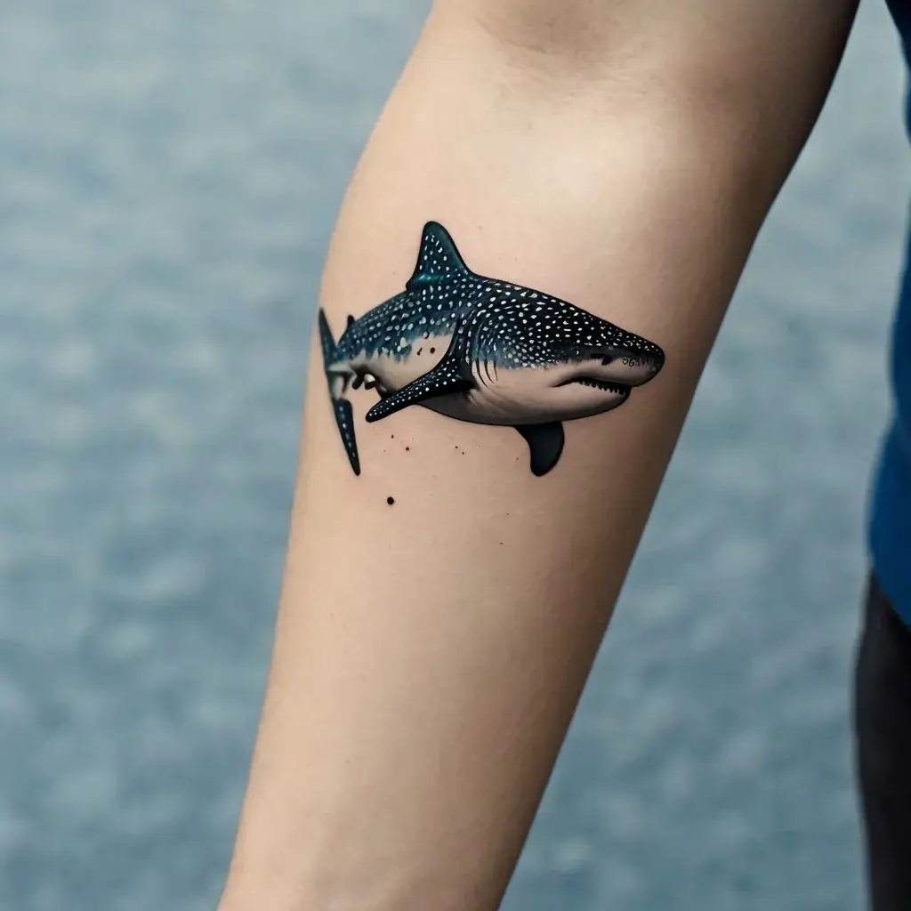 Realistic whale shark tattoo on upper arm, showcasing intricate dot patterns and shading to capture oceanic grace.