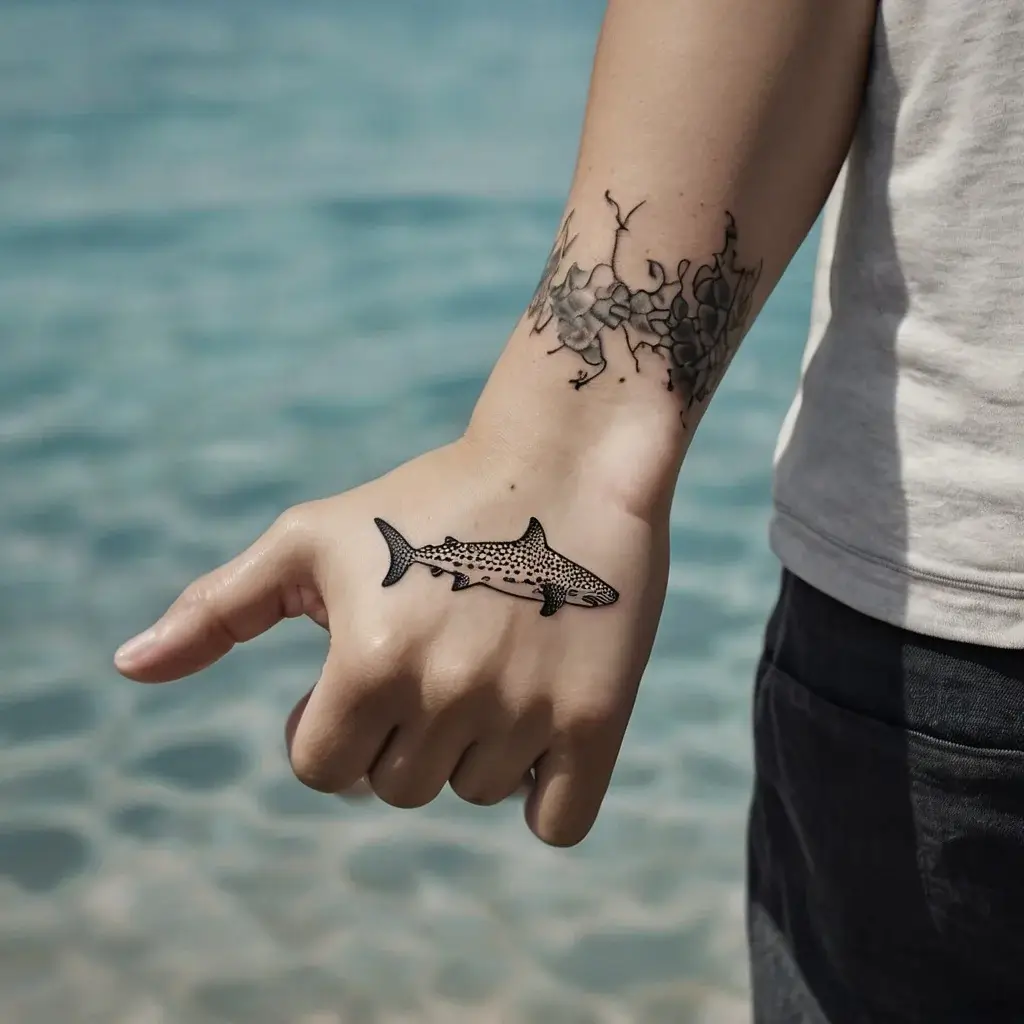 Tattoo depicts a leopard shark on hand, with floral vines wrapping the wrist, blending marine life with nature's beauty.