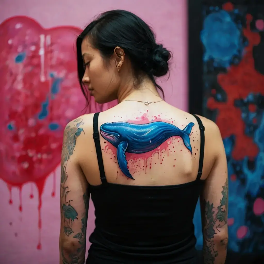 Blue whale tattoo with red and pink splatter background on back, blending realism and watercolor style.