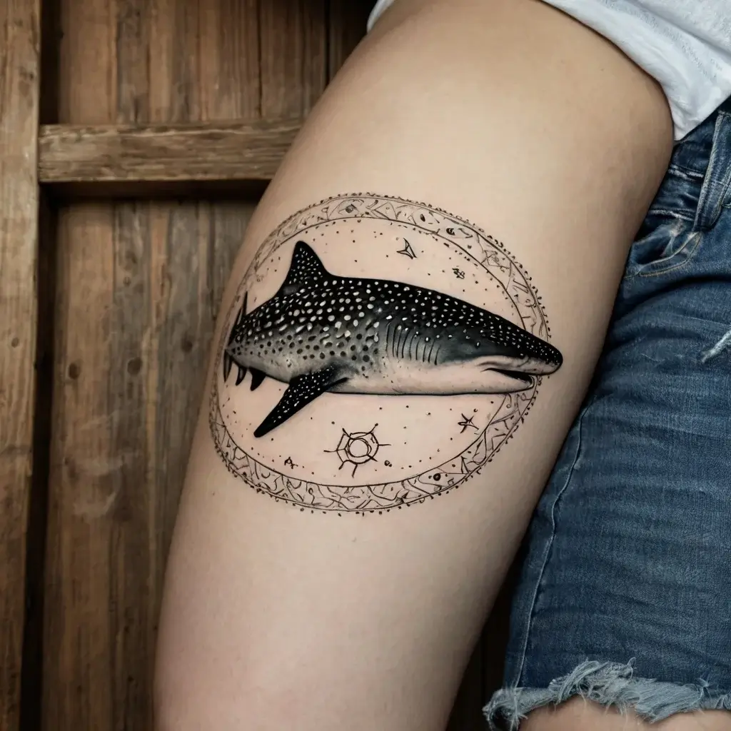 Whale shark tattoo with intricate mandala compass background, highlighting black and grey shading on the thigh.