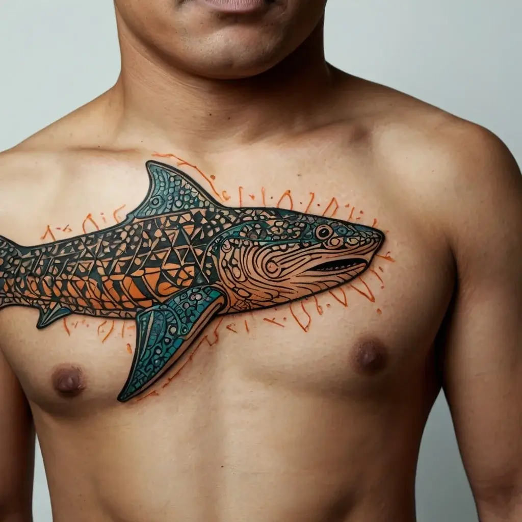 Chest tattoo of an intricately patterned shark, featuring geometric shapes and vibrant colors, creating a dynamic look.