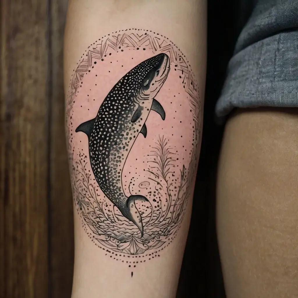 Whale shark tattoo with intricate dotwork and geometric patterns, surrounded by ocean plants and waves.