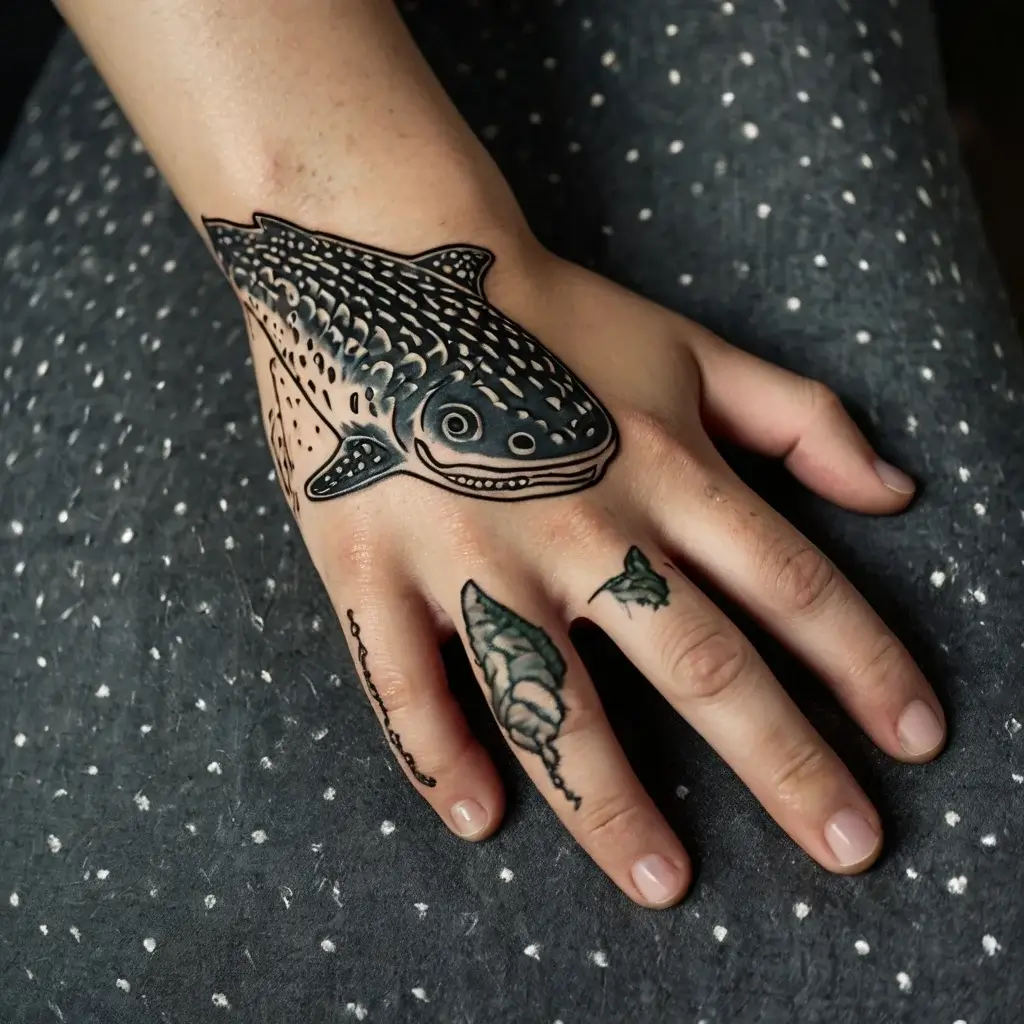 Tattoo of a detailed whale shark on a hand, with a leaf and butterfly on the fingers, showcasing nature's beauty.