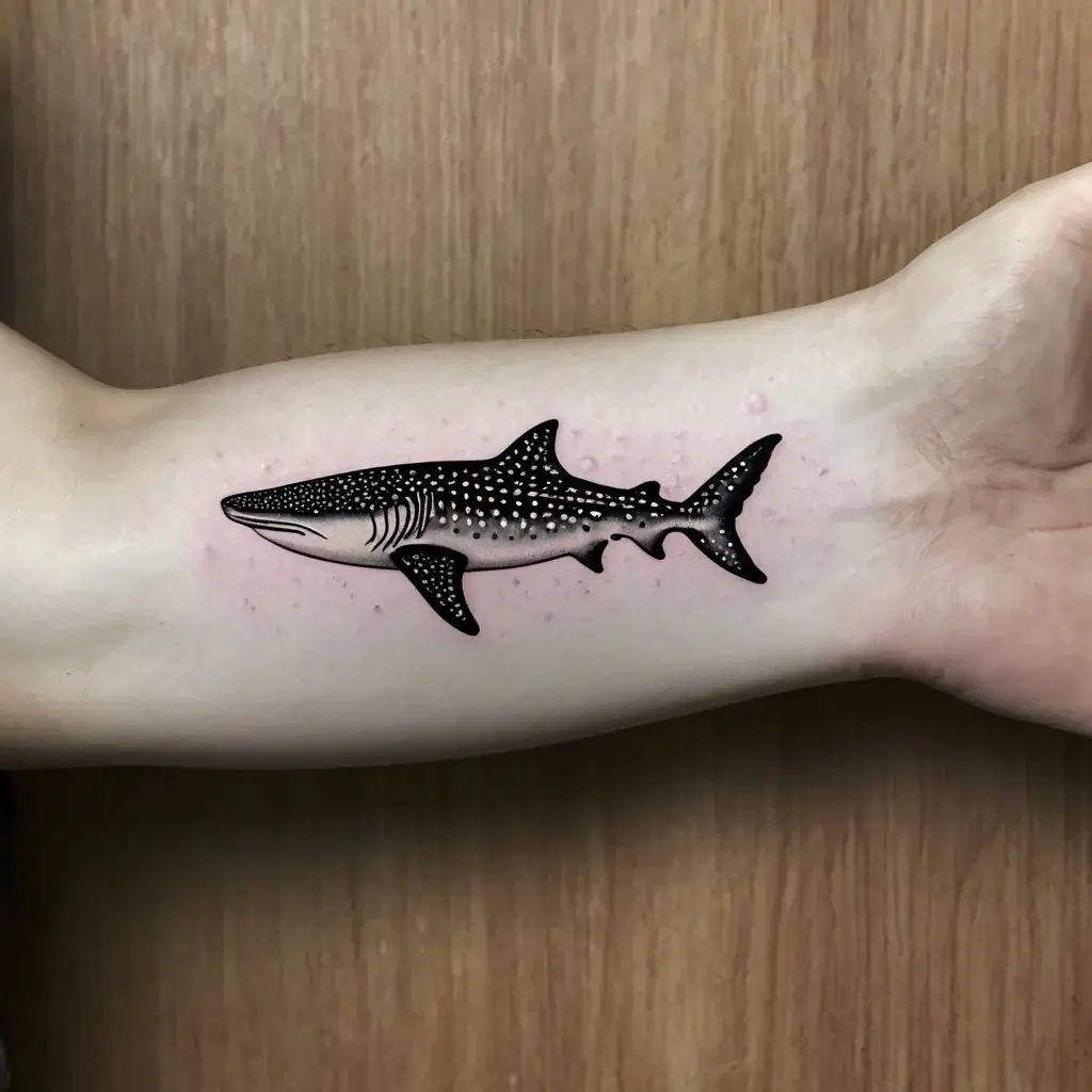 Tattoo of a whale shark with detailed dotwork and shading on an arm, showcasing its unique spots and streamlined form.