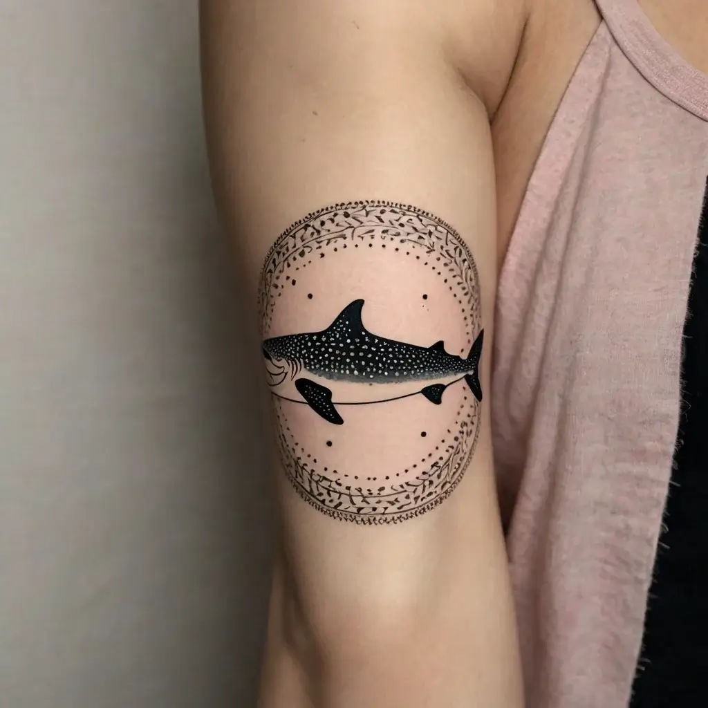 Tattoo of a detailed black and white whale shark surrounded by intricate dot and line mandala patterns on upper arm.