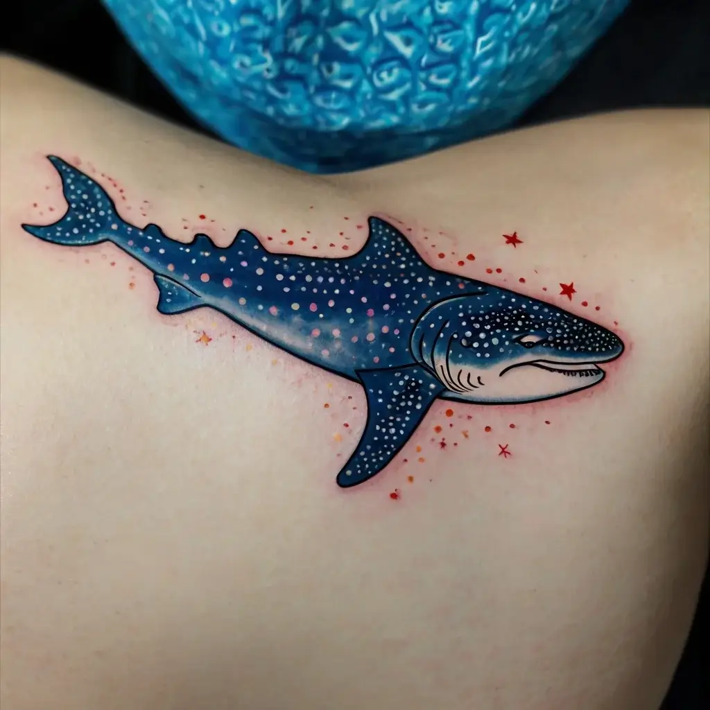 Tattoo of a blue whale shark with dotted patterns, surrounded by red stars, blending realism and whimsy.